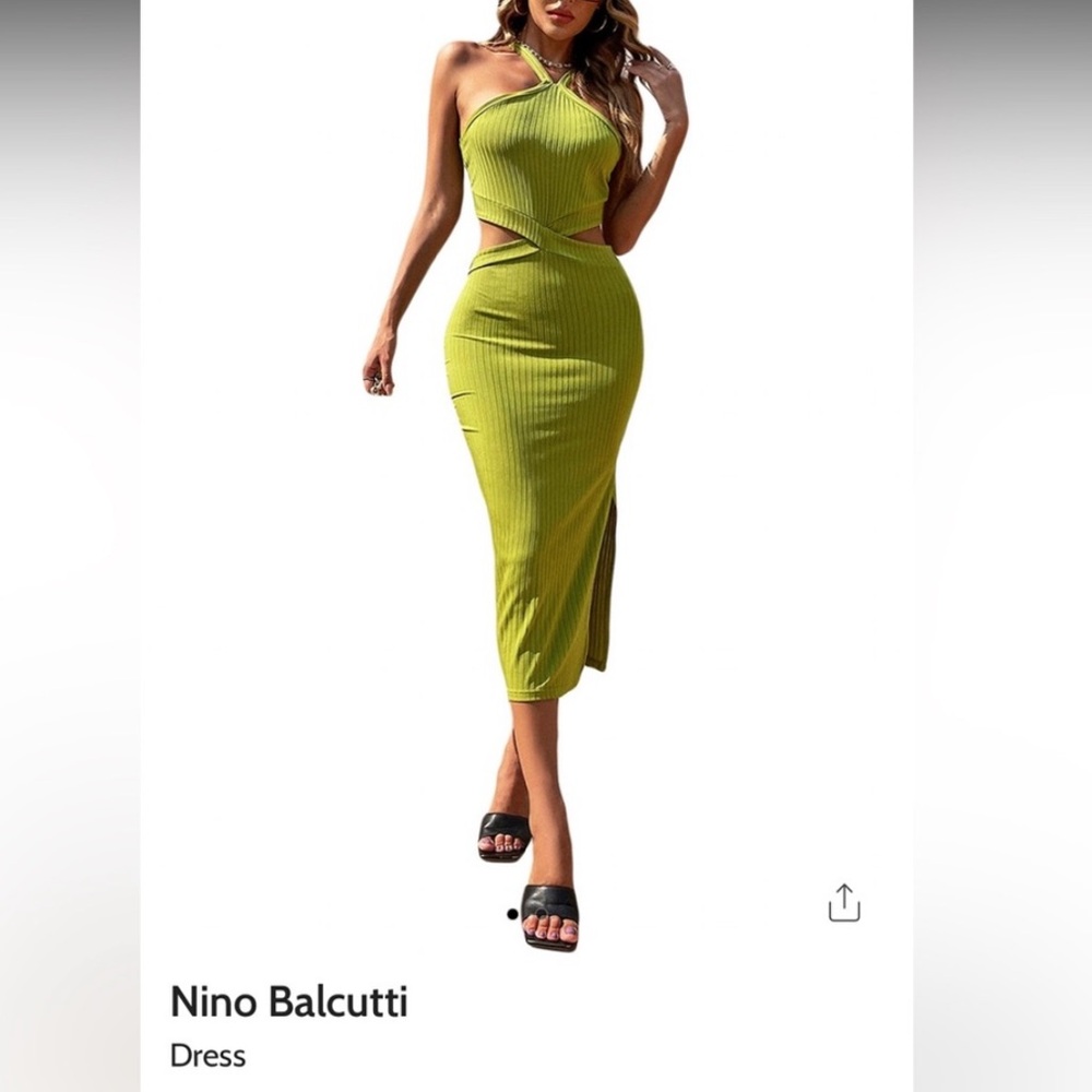 Nino Balcutti Lime Green Ribbed Cutout Midi Dress with Side Slit